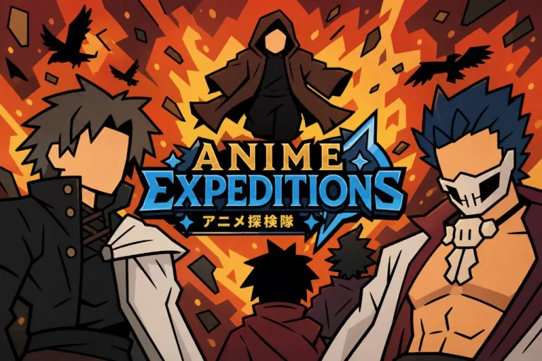 Anime Expeditions title banner with stylized heroes on a fiery orange background