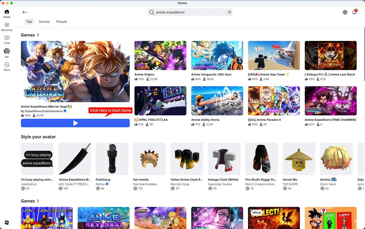 Roblox search for Anime Expeditions with the Play button highlighted