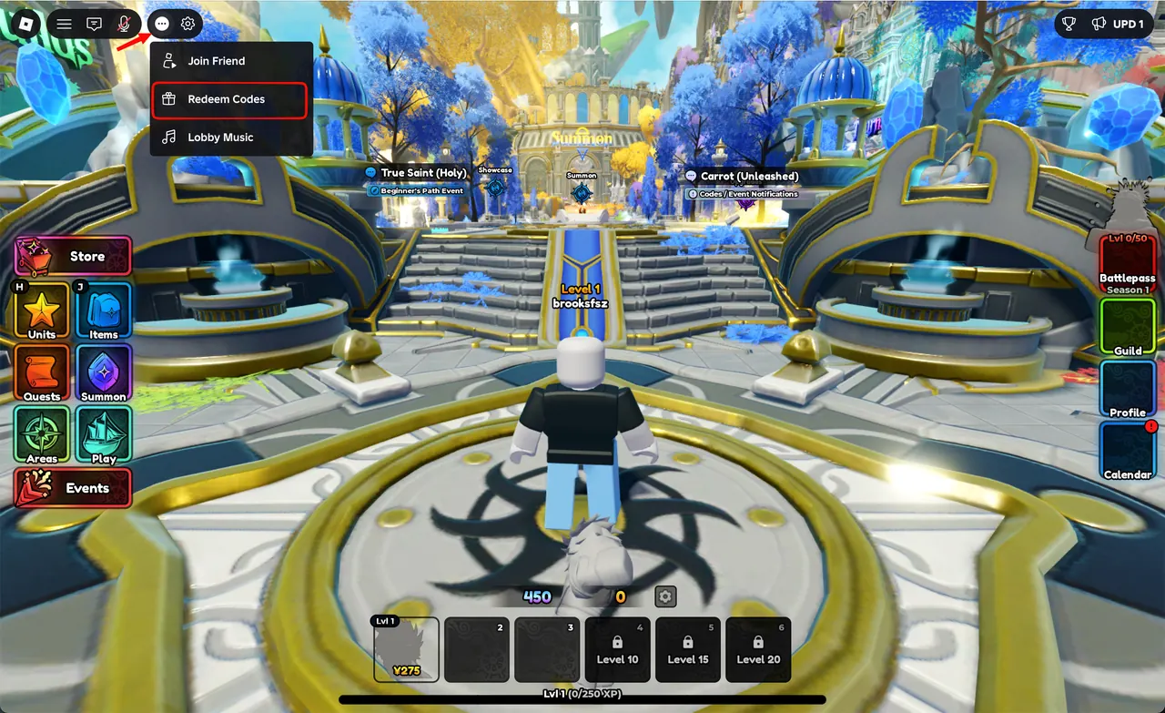 In-game lobby with the three-dot menu open and Redeem Codes highlighted